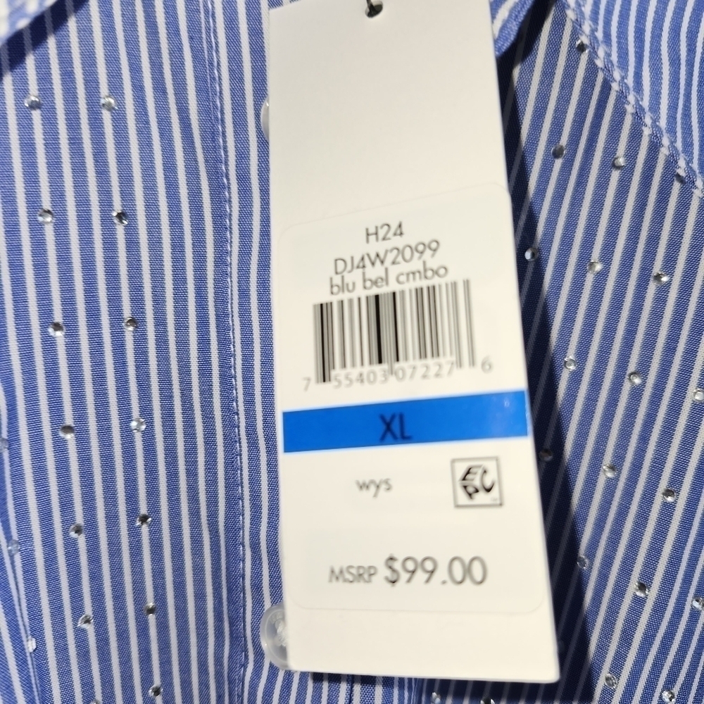 NWT D K N Y Ladies Blue Striped Shirt Covered in  Mini sequins - Picture 4 of 5